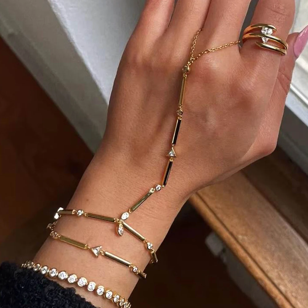 

2025 New Gold Color Triangle Oval Round Link Chain Ring Bracelets Paved White Cubic Zirconia For Women Fashion Jewelry