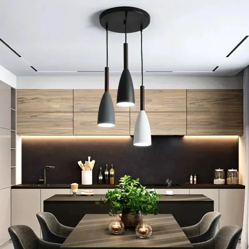 Nordic Modern Minimalist Black White and Grey Macaron Three-head Iron Wrought Chandelier Restaurant Personality Light