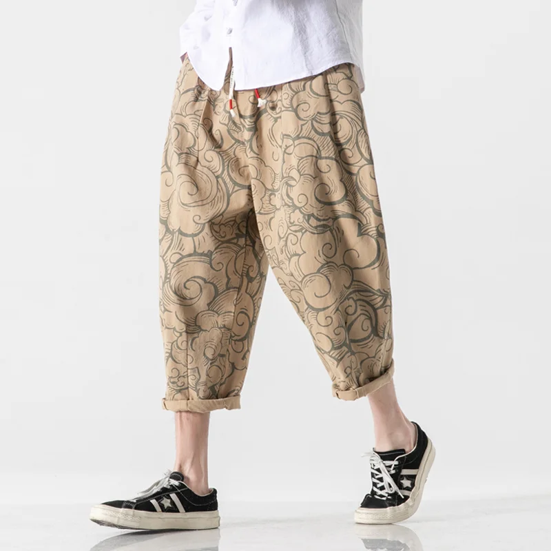 Spring Summer Fashion Chinese Style Carp Print Casual Straight Cropped Pants Men Clothing Harajuku Plus Size Beach Pants Male