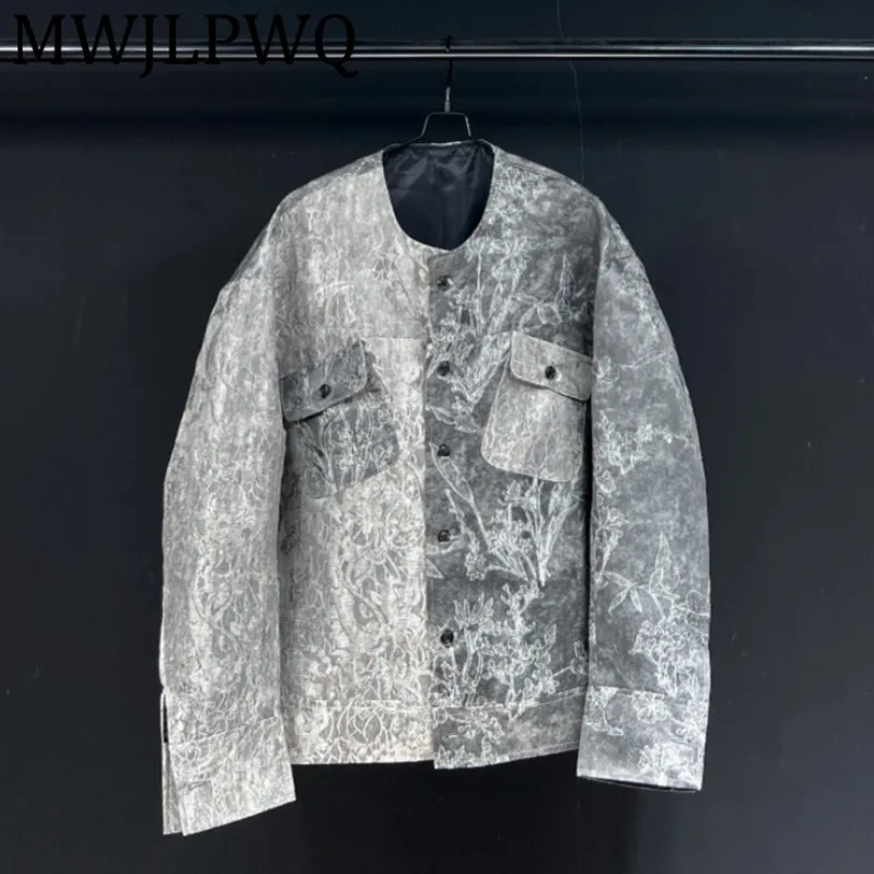

MWJLPWQ Full Printed Design Male Street Jacket 2025 New Round Collar Single Breasted Loose Casual Long Sleeve Gray Coat 11826