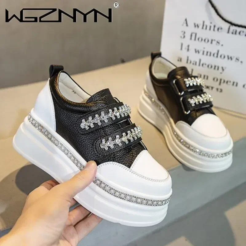 Top Qualität 7 cm NEUE Skateboard Vulkanisierte Chunky Block Boot Bling Plattform Keil Turnschuhe Echtes Leder Atmungsaktive dame Schuhe