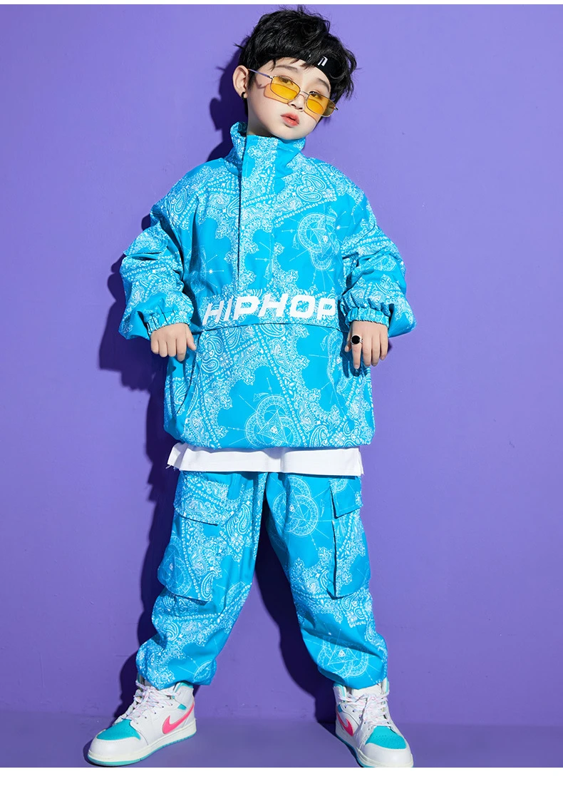 Junge Hip Hop Sweatshirt Jogger Kleidung Sets Mädchen hoher Kragen Paisley Top Cargo Hosen Kind Straße Tanz Kinder Streetwear Kostüm – Detail 5