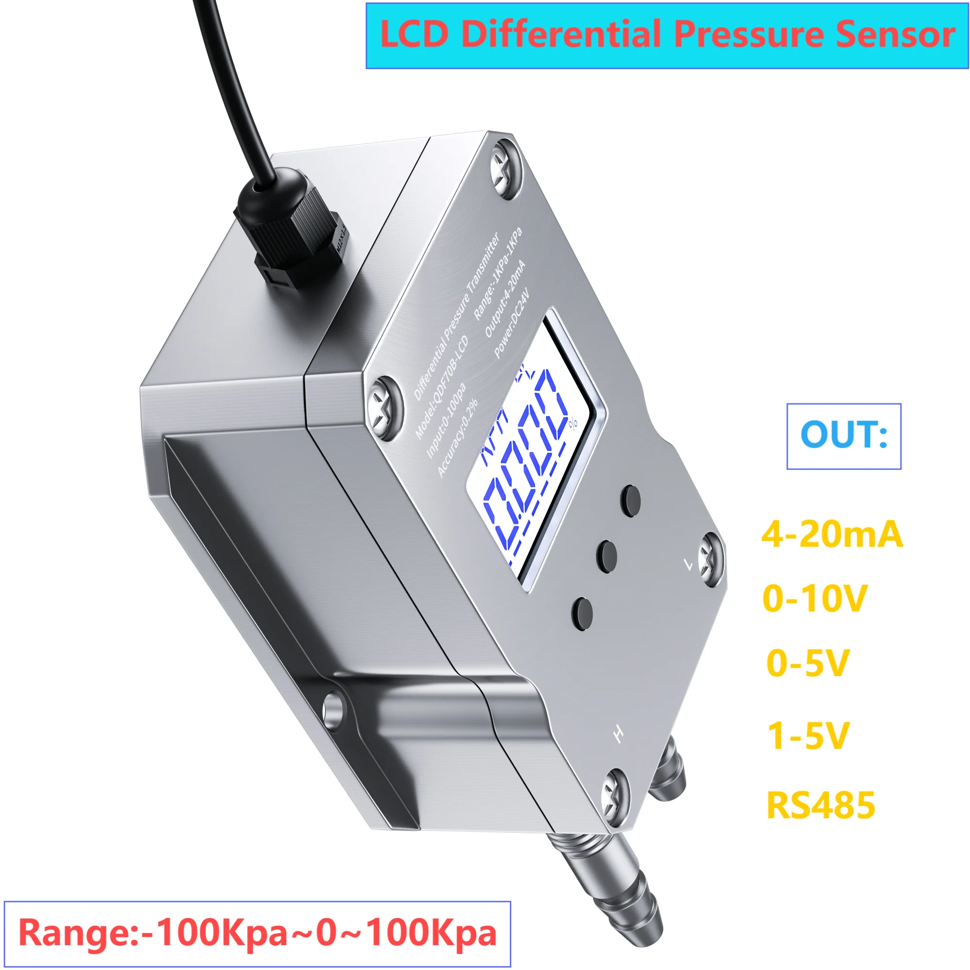 

LCD Differential Pressure Transducer 0-10V 0-5V 1-5V RS485 Wind Pressure Sensor 0-1Kpa 50Pa 100Pa 500Pa -50Pa Air Pressure