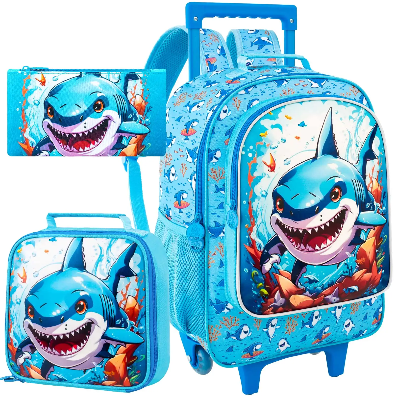 

3PCSRolling Backpack for Boys, 3PCS Kids Roller Bookbag with Lunch Bag, Wheeled School Bag for Children - Blue Shark