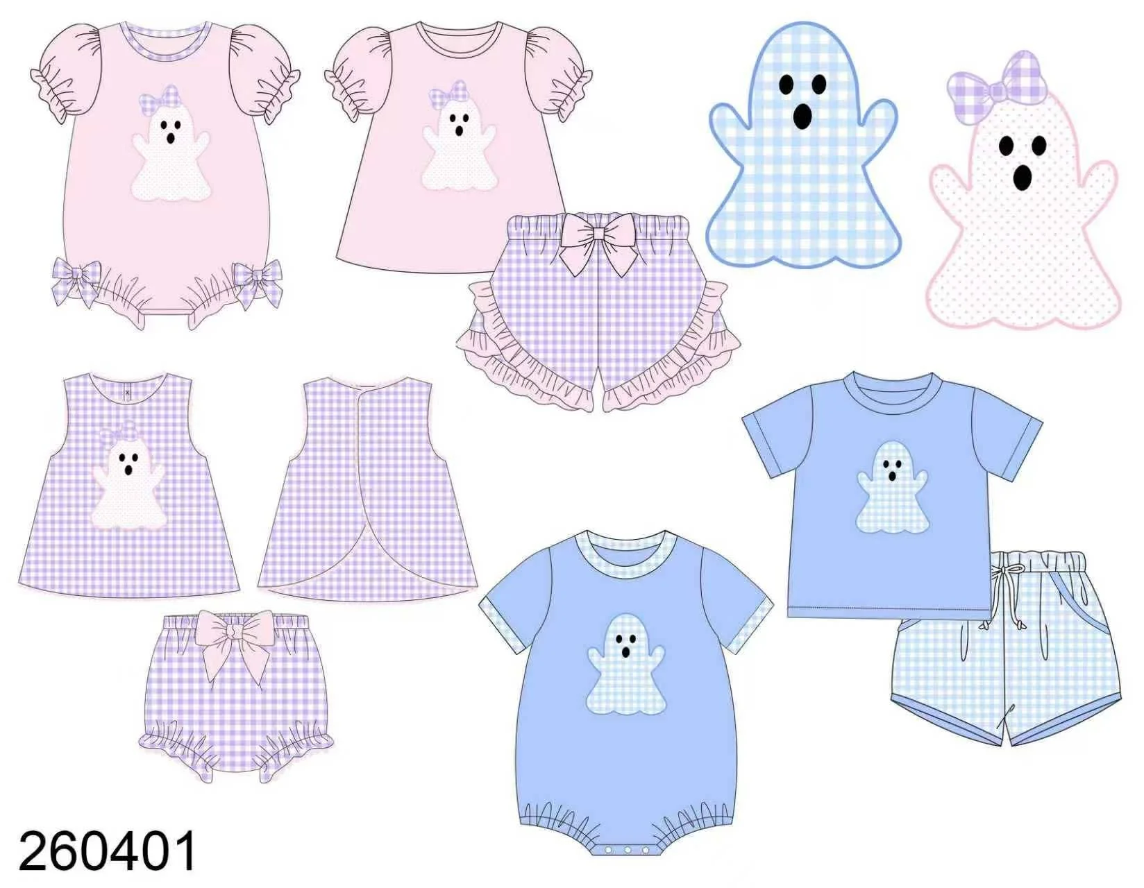 

Boutique kid's set halloween girls puff-sleeved tops with ruffled shorts boys short-sleeved shorts ghost print matching romper