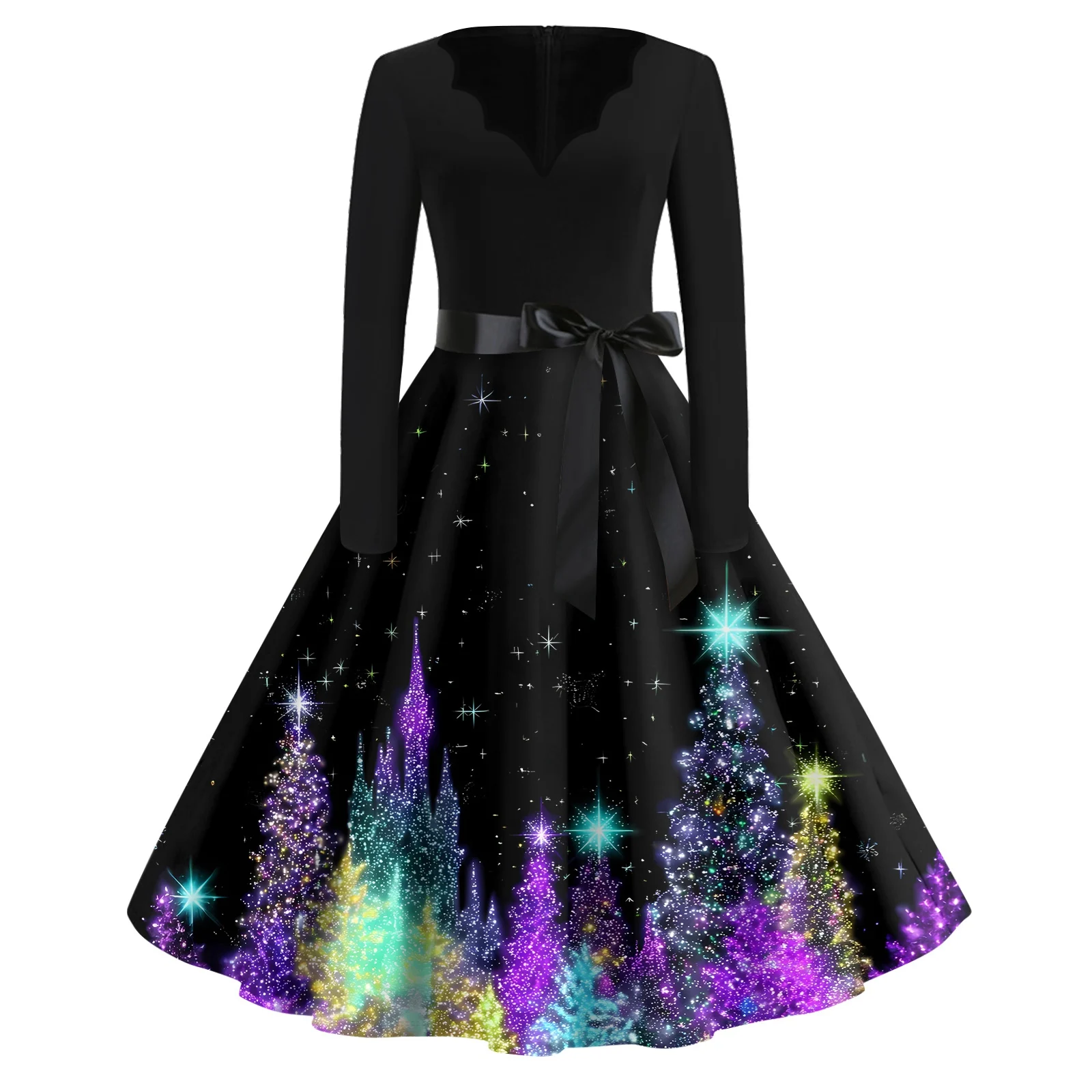เดรสคริสต์มาสพิมพ์ลายสำหรับผู้หญิง เอวสูง ทรงเอ แฟชั่นลำลอง แขนยาว คอวี สำหรับงานปาร์ตี้ ชายกระโปรงบานใหญ่ แต่งโบว์