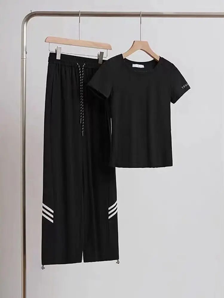 

Women's Casual Two Piece Set Black Short Sleeve Top and Wide Leg Pants with Striped Detail Relaxed Fit Loungewear Set
