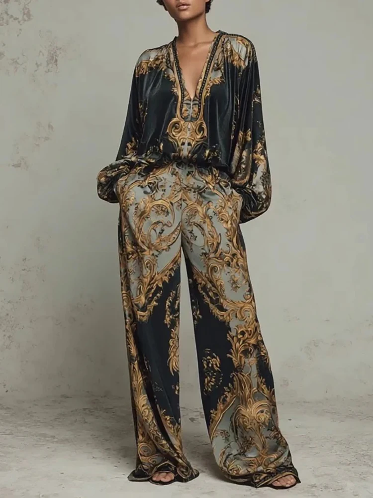 

Spring and Autumn Women's Long Sleeve Casual Style Polyester Material 2026 New Fashion Printed V-neck Loose Pants Set