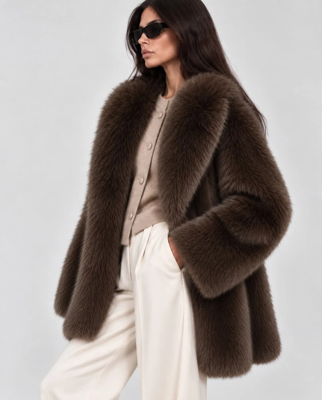 Laur 2026 Women Faux Fur Coat Wide Lapel Loose Fluffy Jacket, Elegant Warm Mid-length Winter Outerwear for Daily Streetwear