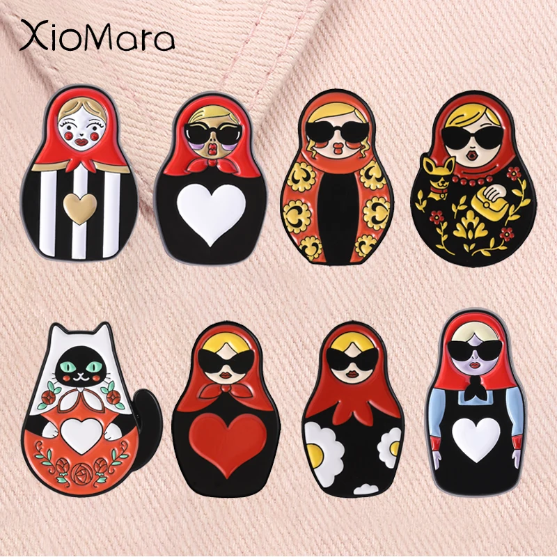 Cartoon Matryoshka Doll Enamel Pins Sunglasses Girl Black Cat Folk Russian Nesting Doll Brooches Russian Cultural Badge Jewelry