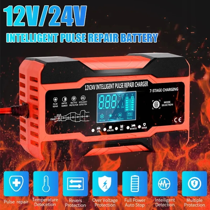 12V 10A/24V 5A Full Automatic Car Battery Charger 7-Stage Smart Fast Charging Pulse Repair for AGM GEL WET Lead Acid LCD Display