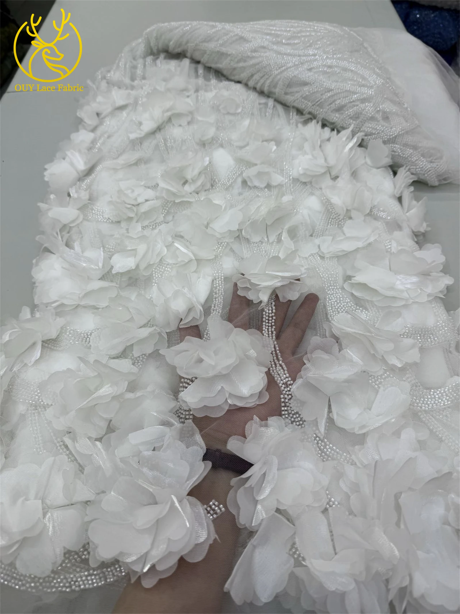 3D 花エレガントなビーズスパンコール刺繍フレンチブライダルチュールレースアフリカナイジェリア生地イブニングドレス結婚式 5 ヤード