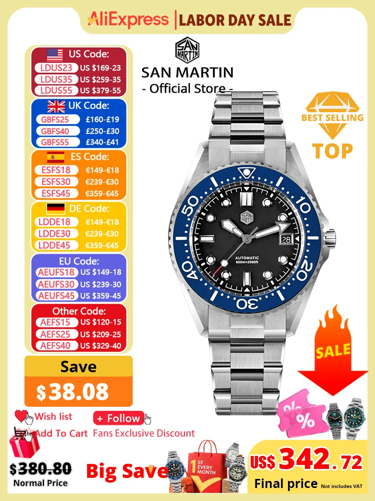 San Martin Upgraded 41mm Waterproof 600m Classic Men Diver Watch Helium Escape Valve ST 2130 Automatic Mechanical Watches SN0036