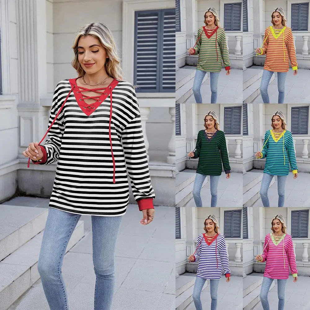 

Женская свободная толстовка с полосатым воротником и завязками, повседневный стиль, из полиэстера, весна-лето