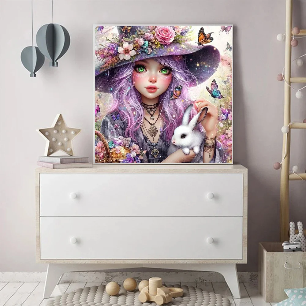 Momoart Girl Diamond Painting Portrait Cartoon Full Square Round Diamond Mosaic Rabbit Embroidery Kid Handcraft