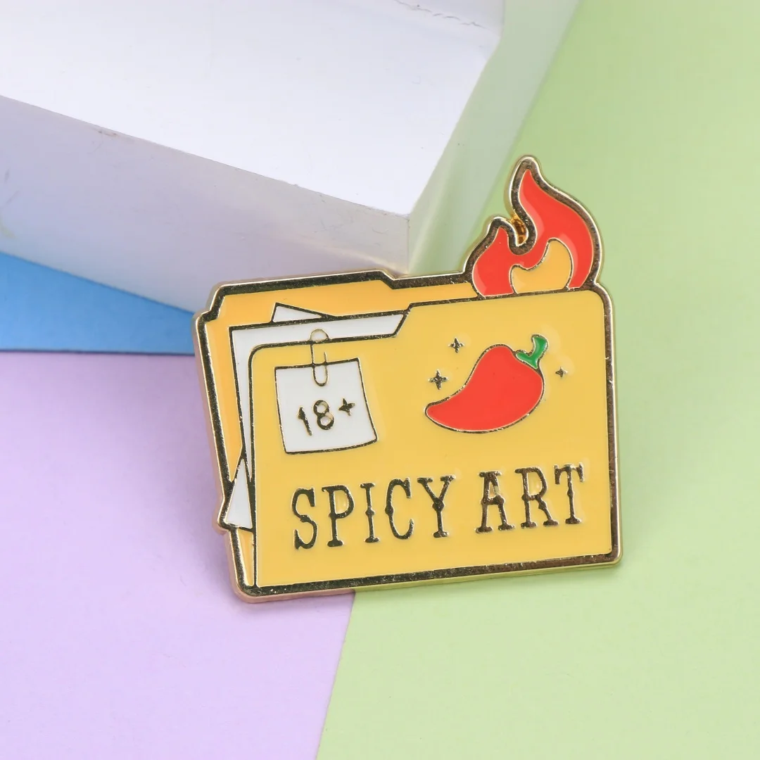Spicy Art Folder Slogan Enamel Lapel Pin, Hot Chili Flame Cartoon Metal Brooch Badge, Funny 18+ Label Punk Decor for Jackets