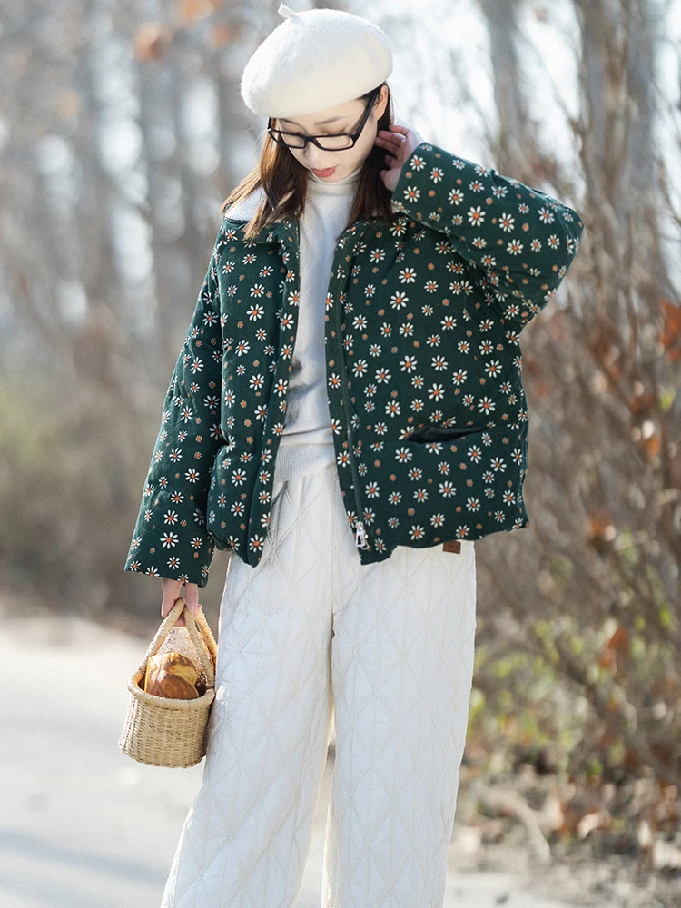 

Романтичное ретро-пальто из вельвета с принтом для женщин, зимнее теплое пуховое пальто с цветочным узором, длинными рукавами, на молнии, из хлопка, стандартного кроя