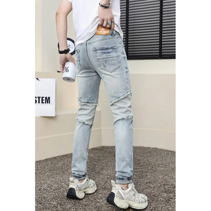 Retro Handsome Jeans Men's Stitching Street Trend Personality Locomotive Style American Stretch Slim Fit Tapered Pants