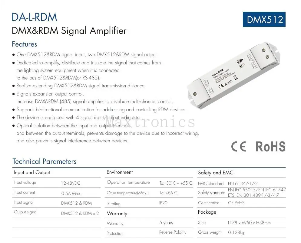 SKYDANCE DC12-48V 2 canales DMX y RDM DMX512 amplificador de señal DA-RDM/ DA-L-RDM una entrada de señal DMX512 y RDM, dos señales DMX512 y RDM