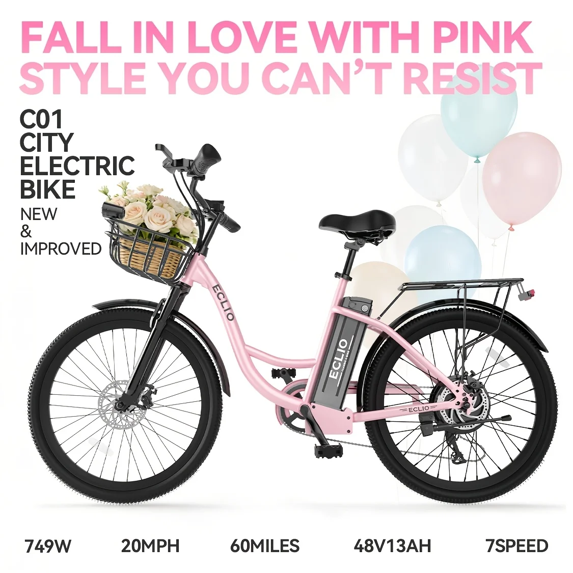 

ECLIO C01 Electric Bike for Women, Upgraded & Enhanced C01, 749W Motor 20MPH, 48V Battery 60Miles, 24'' Step Through City Cruise