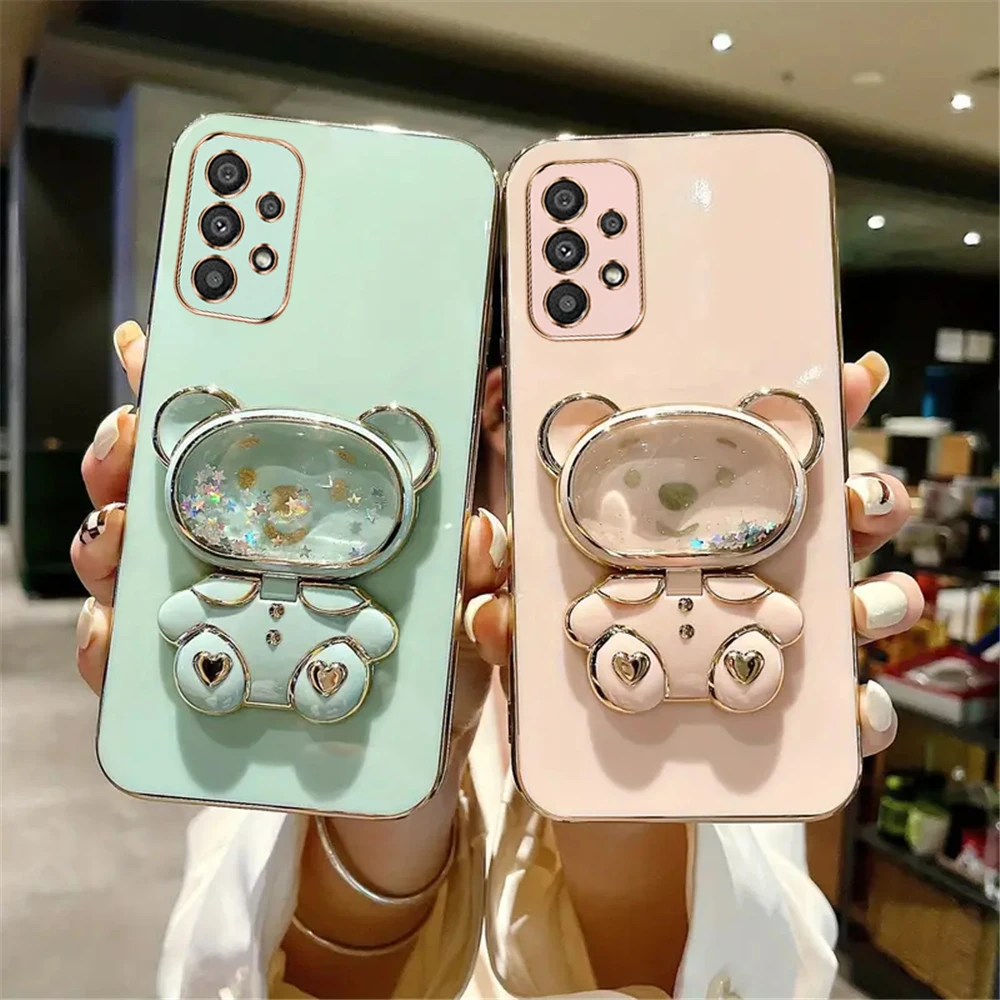 Quicksand Raccoon Makeup Mirror Plating Phone Holder Case For Samsung A14 A04 A04S A04E A24 A53 A52 A54 A34 A15 A05 A05S Cover