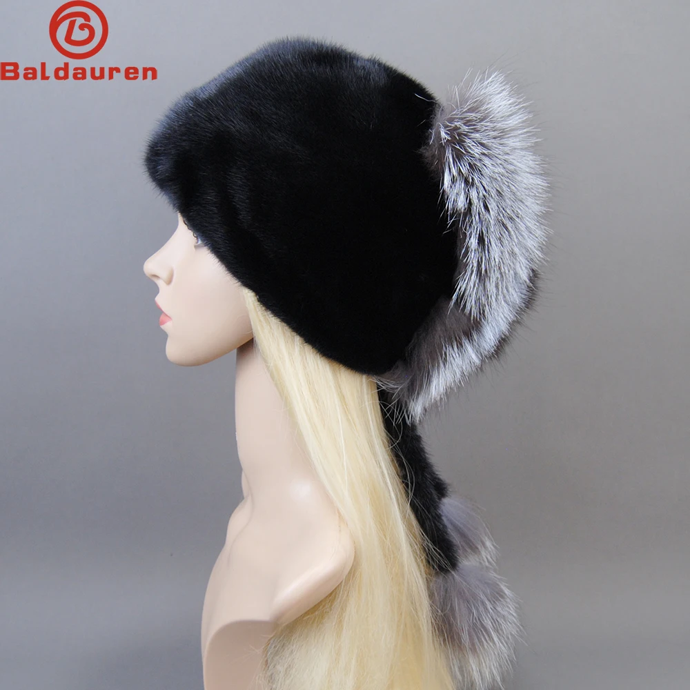 Women Winter Real Mink Fur Hats Russian Female Fur Hat With Ears Knit Beanie With Pom Poms Newsboy Caps Ladies High Elastic Hat