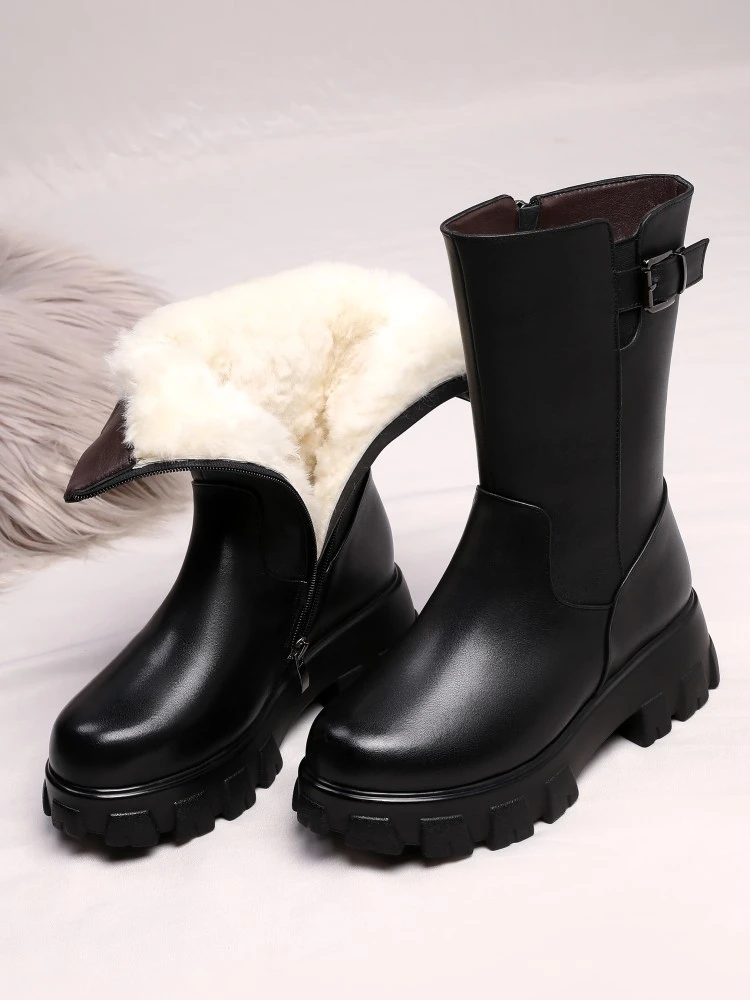 

Winter Thiened Woolen Lined Leather Boots Women's Mid-Calf Snow Boots Warm Faionable Korean Sle round Toe Zipper Closure