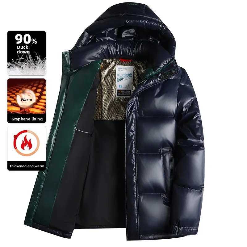 

2025 Winter New Men's Hooded Down Jacket with Down Content of 90% Couple's Bright Fabric Bread Jacket