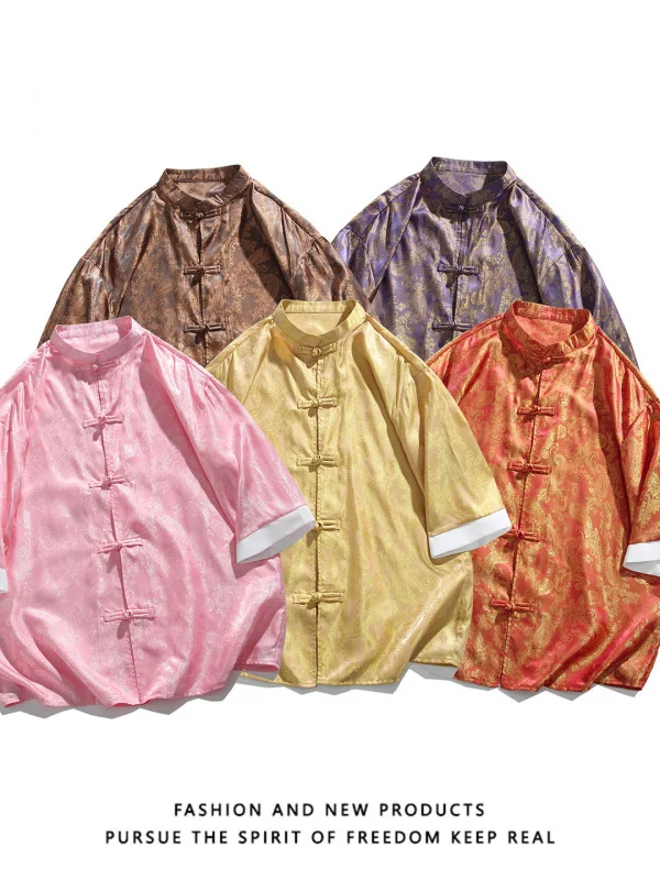 

Summer Thin Ice Silk Men's Open Cardigan irt Loose Drapey Large Size Tang Suit Collar irt Youth Trendy ort Sve Butto...
