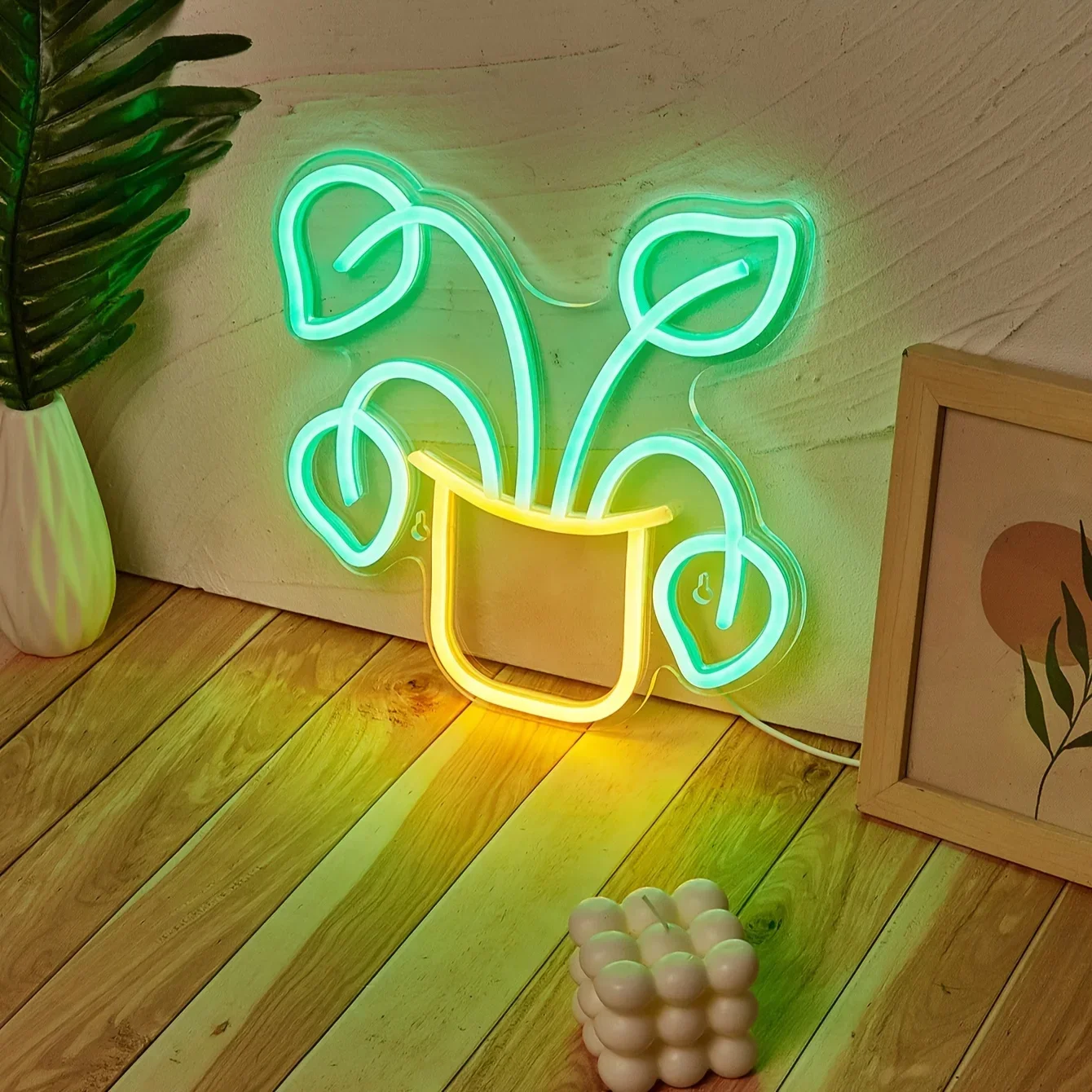 Potted Four Leaf Grass LED Neon Sign, For Wall Decor Light Up Signs USB Powered Light, For Bedroom Room Wedding Party Decoration