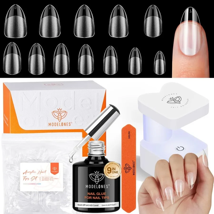 

Nail Glue with Portable UV Nail Lamp for DIY Gel Nail Art 216Piece Set with Short Almond Gel Nail Tips in 12 Sizes Perfe