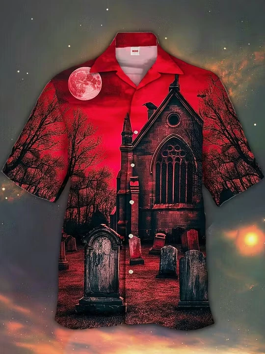 Men's Hawaiian Short Sleeve Shirt Halloween Sugar Skull Pumpkin Spider Candle All Over Print Holiday Casual Beach Mens Clothing
