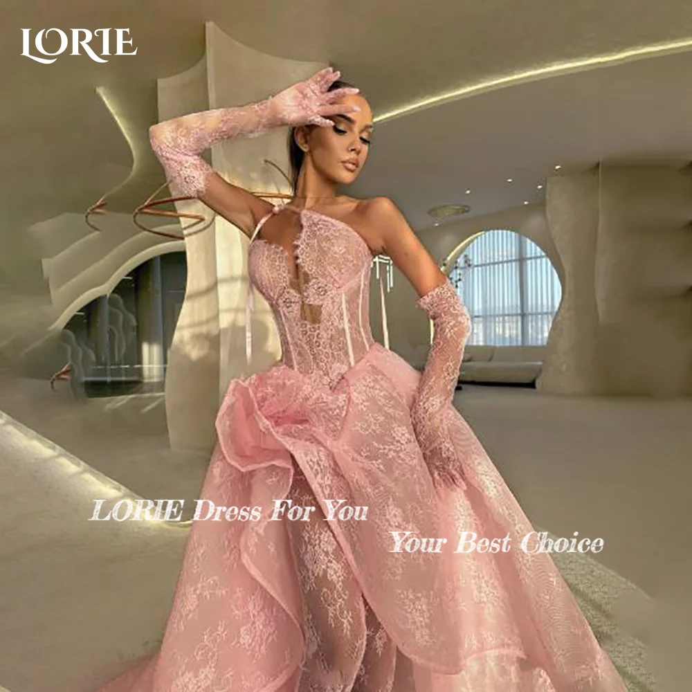 LORIE فساتين سهرة متواضعة من الكريب أنيقة من الدانتيل بكتف واحد وطيات حورية البحر العربية فستان حفلات مكشكش حسب الطلب