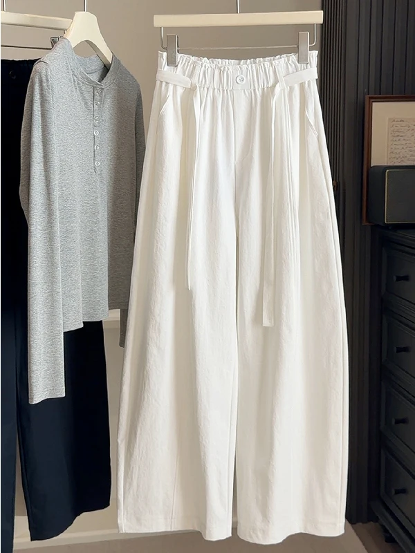 

plus Size Casual Pants for Women Spring Summer Thin Elastic Loose Waist Wide Leg Long Pants High Waist Cotton Breathable