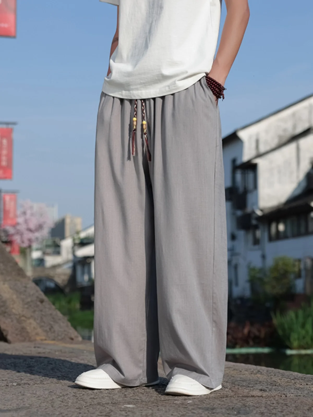 

Новые китайские мужские летние тонкие брюки из льна и шелка, свободные, дышащие, прямые, широкие штанины, повседневные, из хлопка и льна