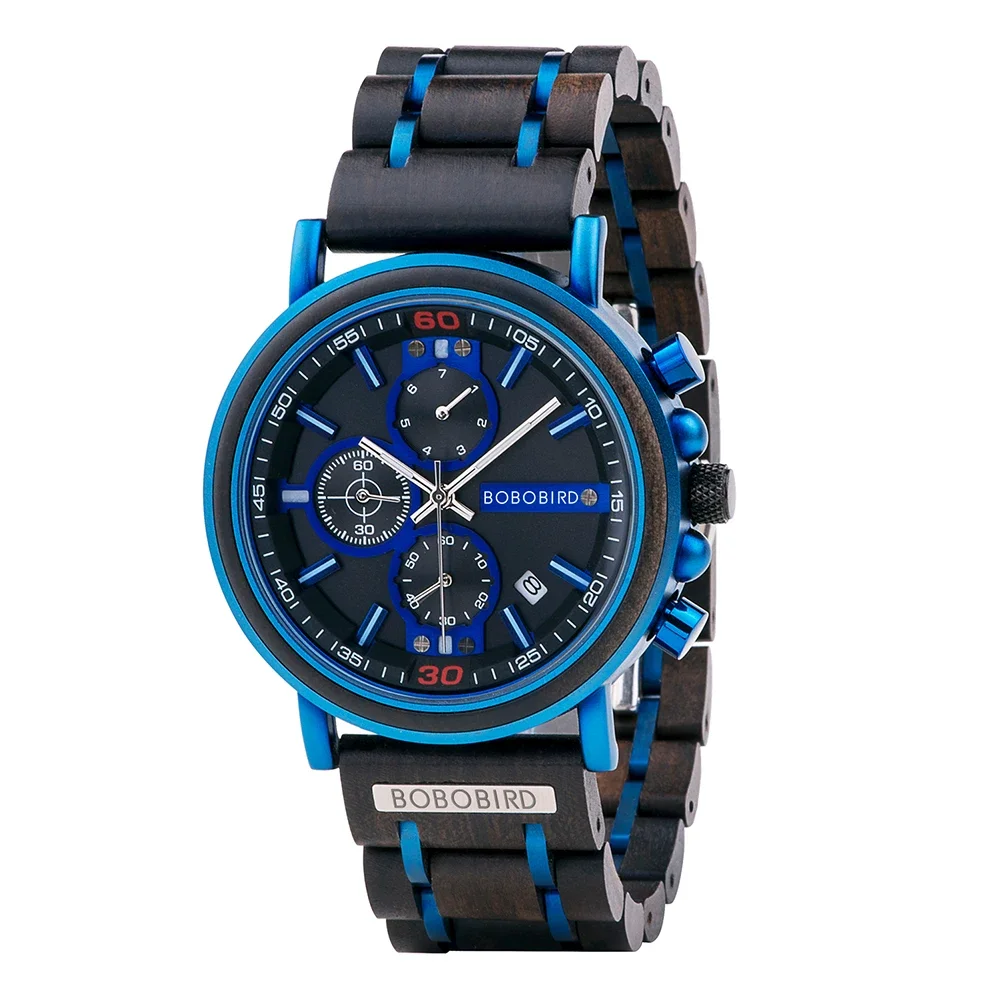 Customize Logo Name Men Wood Watches BOBO BIRD Fashion Calendar Stopwatch Personalized Quartz Wristwatches Gift Dropshipping