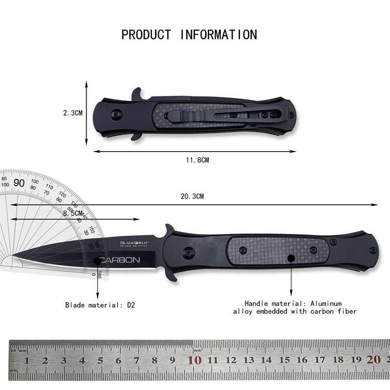 Black Field AKC Folding Knife, Camping Tactical Survival Aluminum Alloy Inlaid Carbon Fiber Handle Hunting EDC Folding Knife