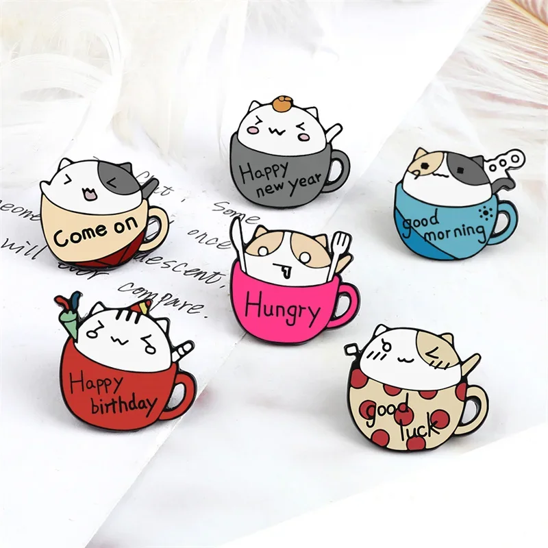 16pcs Coffee Series Brooch Cute Cup Cats Animal Enamel Pins Women's Bag Clothes Lapel Pin Badge head Cartoon Jewelr Gift