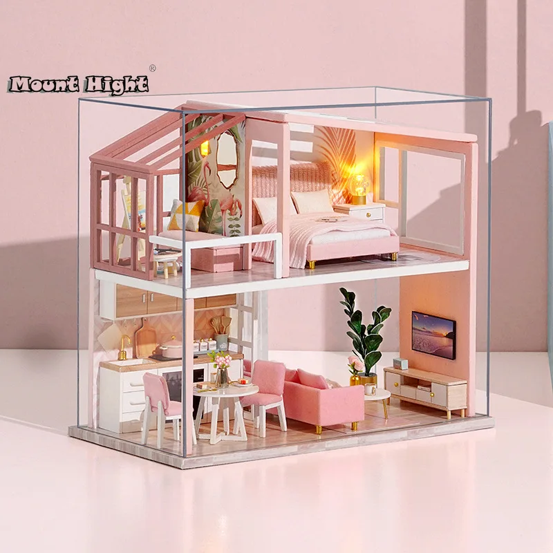 DIY Mini Dollhouse Kit with Dust Cover Wooden Miniatures Furniture Kit Dollhouse Accessories Kids Toy Christmas Birthday Gift