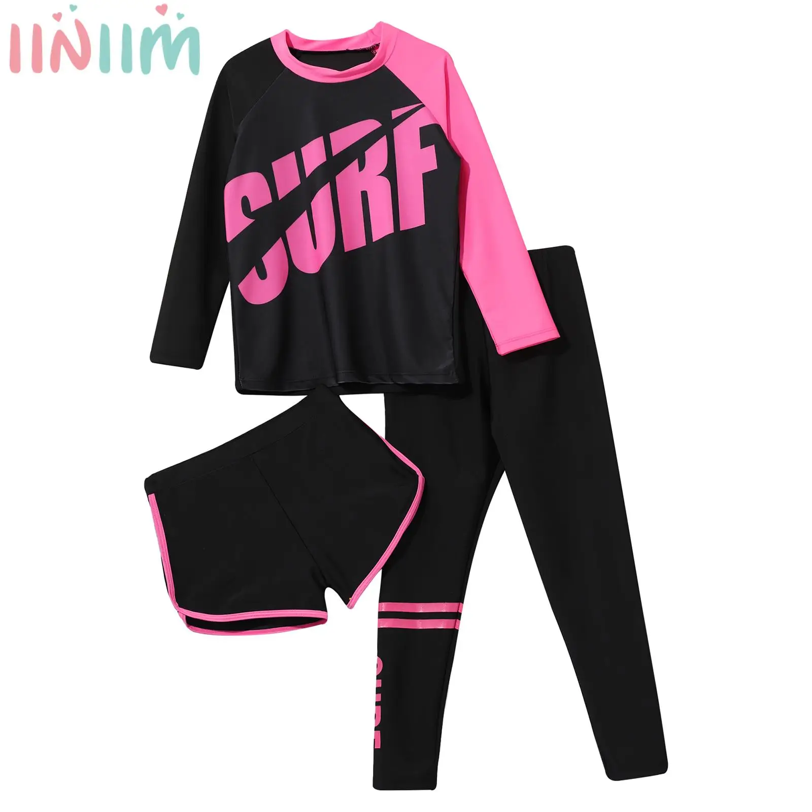 Traje de baño de manga larga para niños y niñas, conjunto de Top y pantalones cortos, protección solar, UPF +, 3 piezas