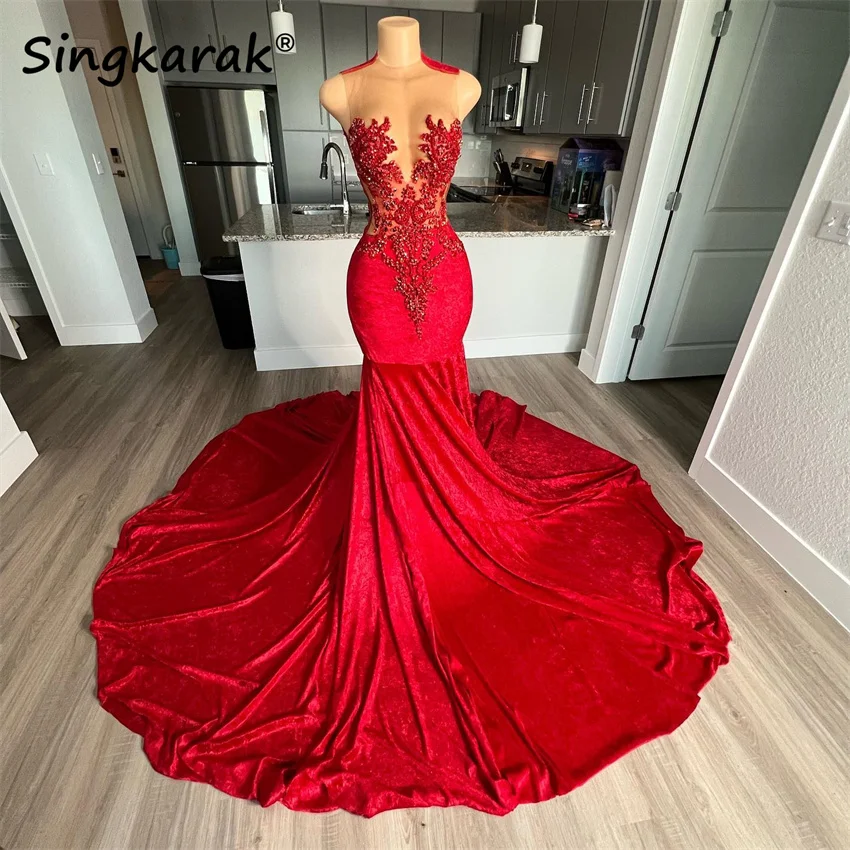 Red Diamonds Long Prom Dress For Black Girls Velvet Crystal Gems Rhinestones Gown Birthday Party Gowns Robe Customized