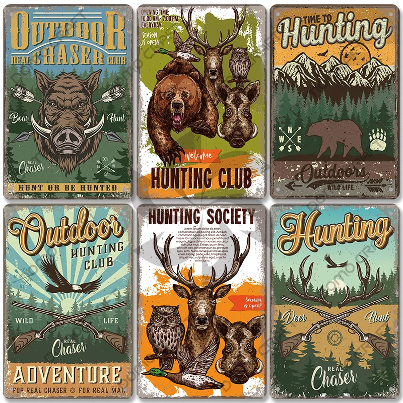 Vintage Hunting Plaque Metal Tin Signs Hunter Deer Hunt Safari Adventure Retro Metal Plate Wall Decor Hunting Club Shop Man Cave