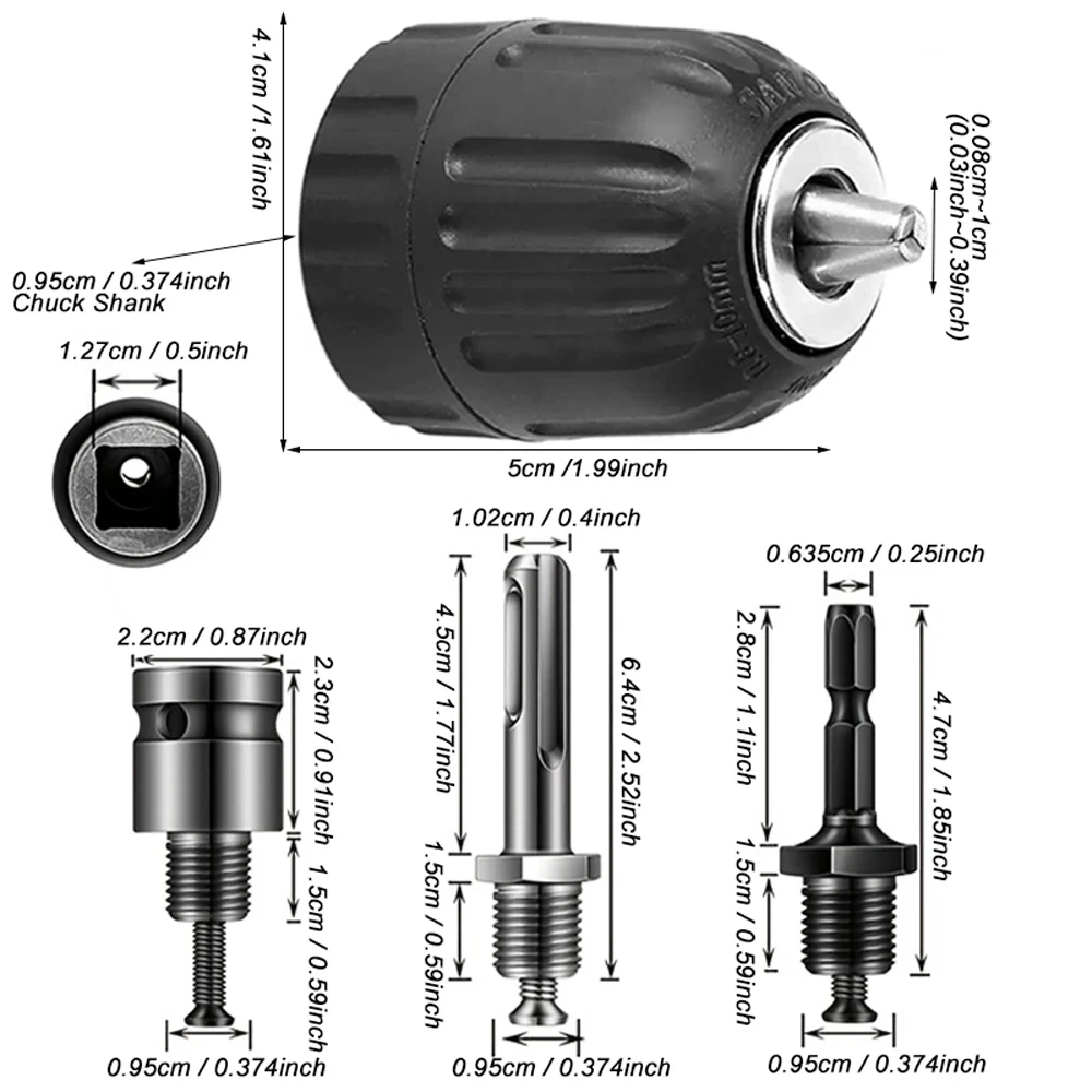 Keyless Drill Chuck 0.8-10mm 3/8-24UNF, Hex Shank/SDS-Plus/Square Quick Grip Adapter, Chuck for Drill Bit Screwdriver Tap&Socket