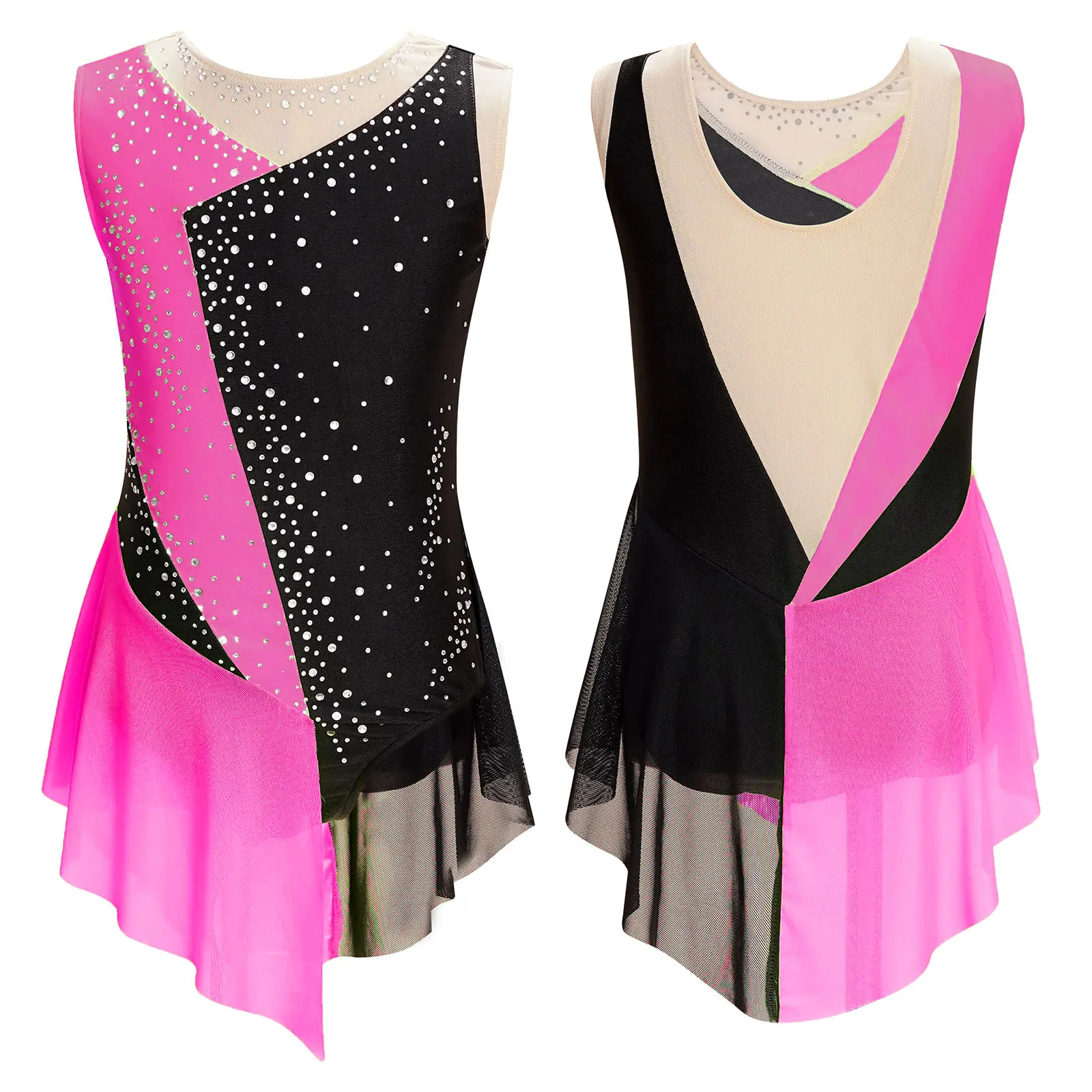 Kids Girls Sparkly Figure Ice Skating body Dress senza maniche Color Block Mesh Patchwork body Dance Ballet ginnastica Dress