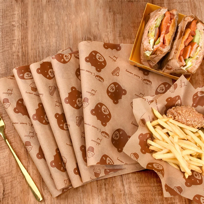 50Pcs Sandwich Packaging Paper Cartoon Coated Wrapping Disposable Household Oil-proof Chicken Roll Breakfast Baking Kitchen Tool