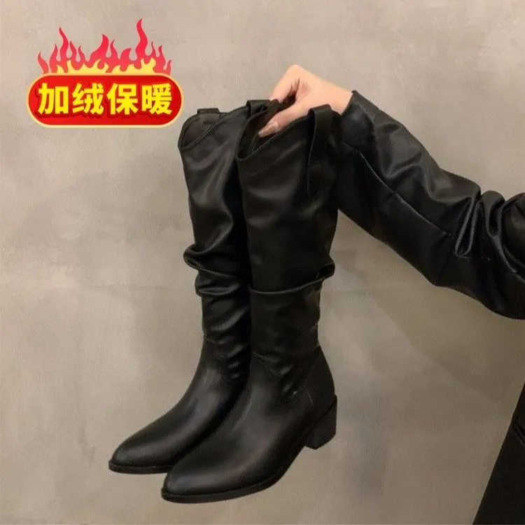 

Женские ботинки, винтажные ковбойские сапоги на массивном каблуке, осень 2023, новые высокие сапоги из искусственной замши, женские модные сапоги до колена с острым носком, Botas Mujer