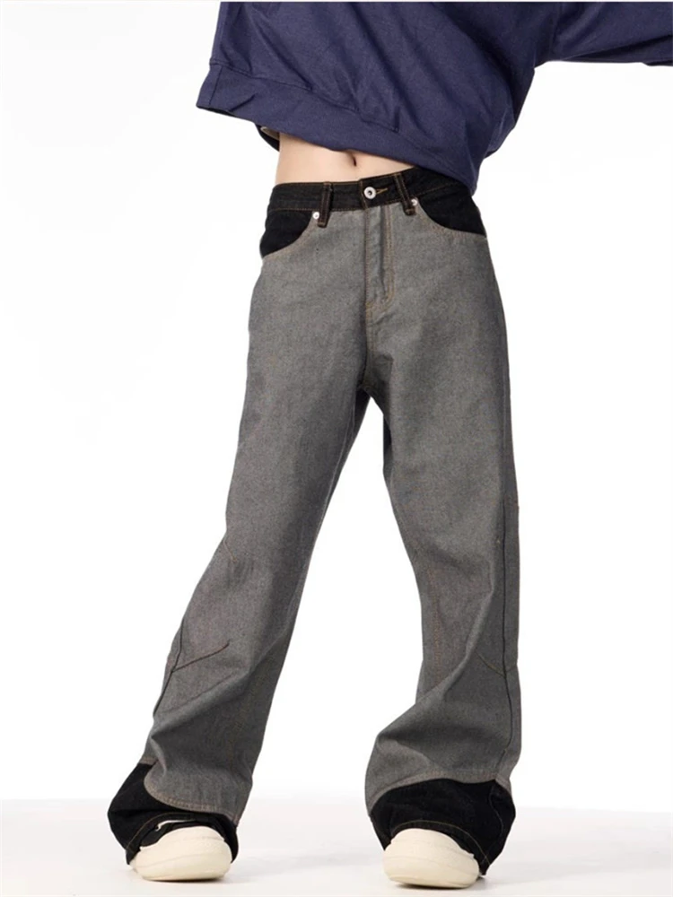 

Женские черные, серые лоскутные широкие джинсы в стиле ретро с высокой талией, прямые винтажные брюки 90-х годов, уличная одежда, повседневные джинсовые брюки Y2K