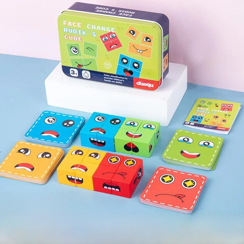 Interactive Wooden Exprion Cube Building Blos Toy for Children Toddler Face Changing Magic Cube Parent Child Game