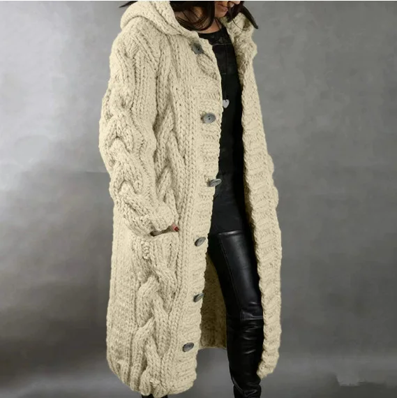Damenpullover, neuer lässiger, lockerer, europäisch-amerikanischer Mode-Cardigan mit Umlegekragen, gestrickter langer Mantel, Pullovermantel in großen Größen – Detail 26