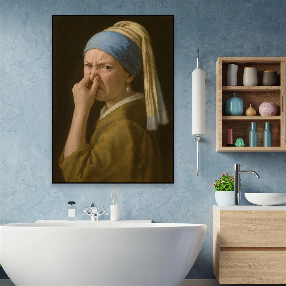 Funny Bathroom Canvas Painting Girl with a Pearl Earring Pinching Her Nose Prints Toilet Humor Wall Art Poster Vintage Decor